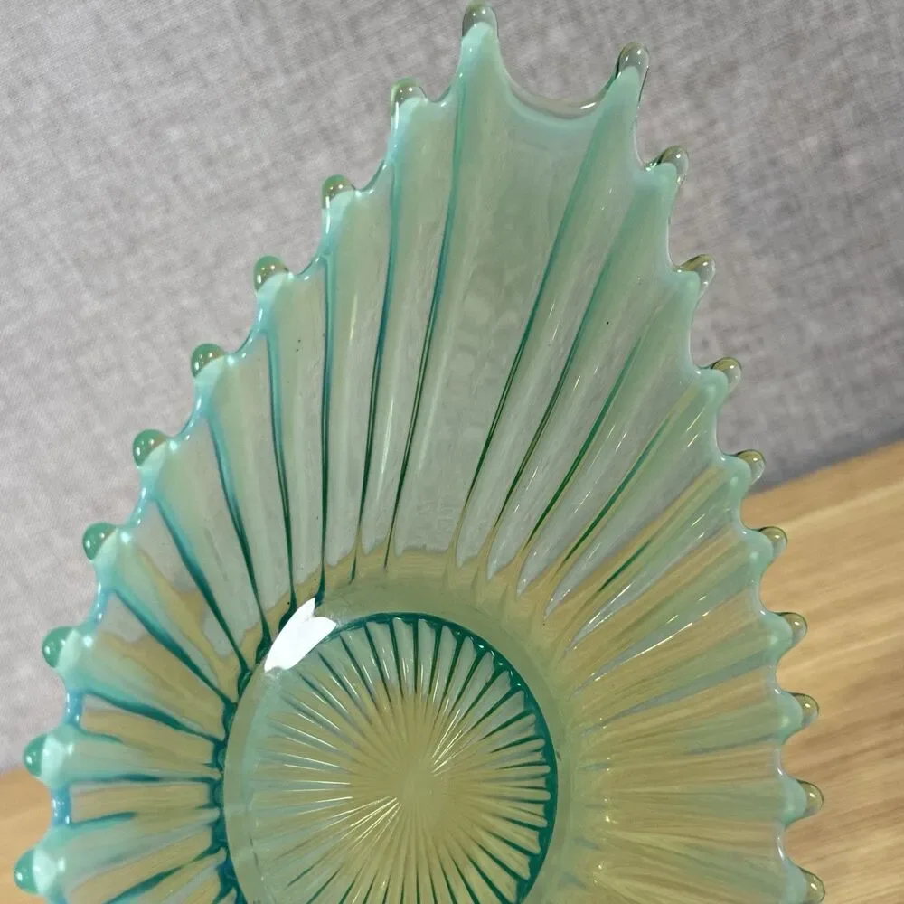 Vtg Fostoria Heirloom Aqua Opalescent Oblong Flared Art Glass Bowl MCM 13